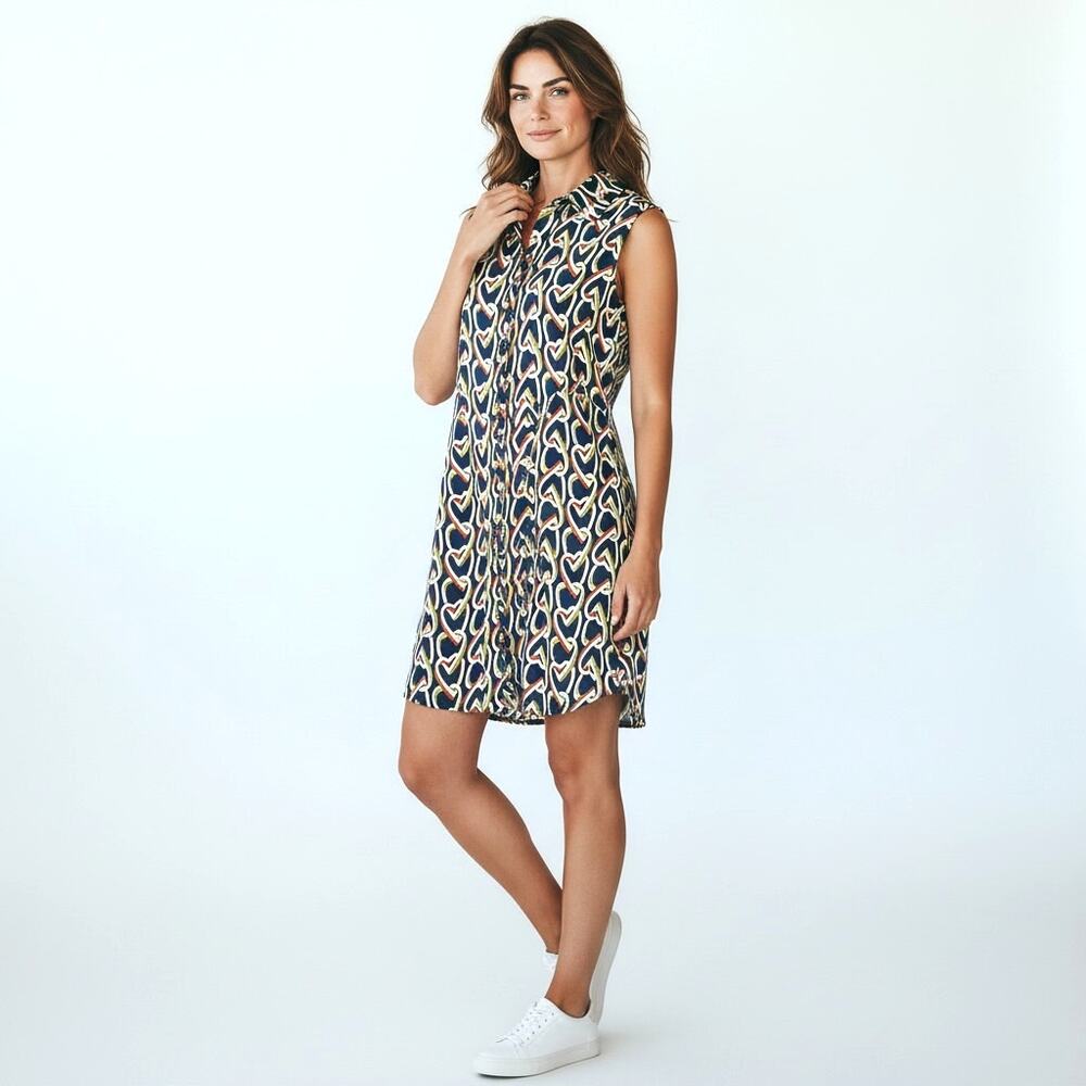 CABI Heart Chain Print Shirt Dress/Longline Vest Contrast Lining M Romantic Twee